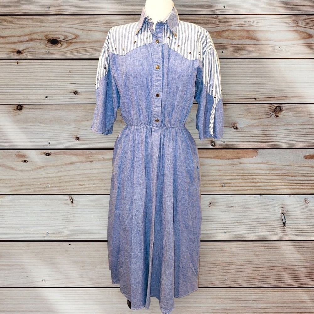 D3 Vintage 70s 80s Sas'sa Sassa Dress Western Studded Blue Women's 10 12 Prairie